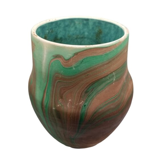 Vintage Pottery Vase Swirl Green Brown 7.25" Decorative Art Pottery Glaze Inside